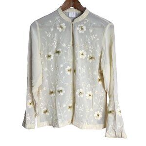 Vintage Sequin Floral Embroidered Sheer Blouse Top Size Medium M Beige